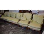 Large French walnut sofa (Length 250cm) & two armchairs all with cushion seating & an open armchair