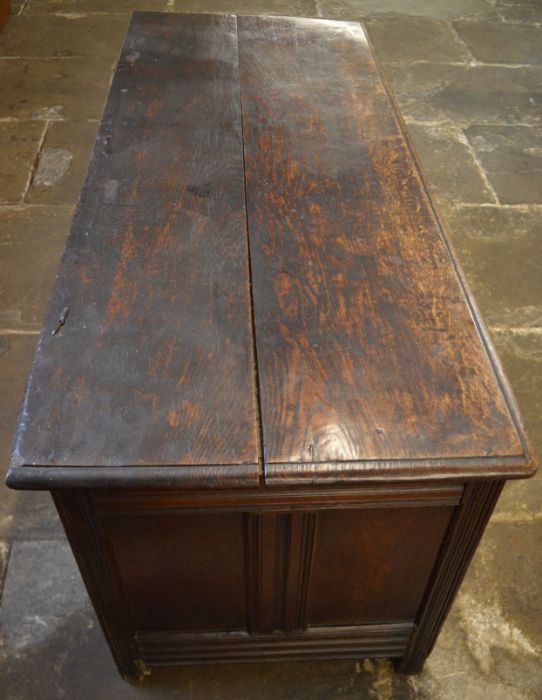 Large 18th century oak coffer with panelled front, sides & back with ring hinges & stile feet L - Image 2 of 4