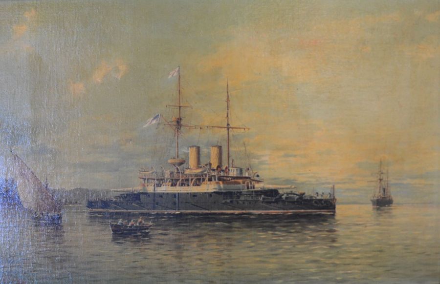 Late 19th century oil on canvas of a Royal Navy Admiral class battle ship possibly HMS Howe signed A