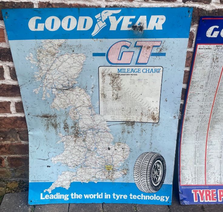 3 Goodyear metal signs / posters, including GT mileage chart and two tyre pressure charts - Image 2 of 3