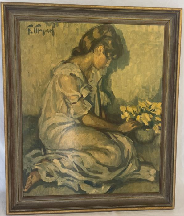 Framed print of a girl kneeling arranging flowers