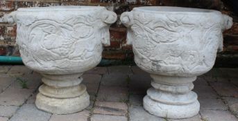 Pair of stag urns / concrete planters, decorated with stags and tropical birds