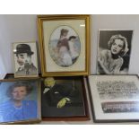 Framed Margaret Thatcher photograph, Winston Churchill print, school photo, Judy Garland poster by