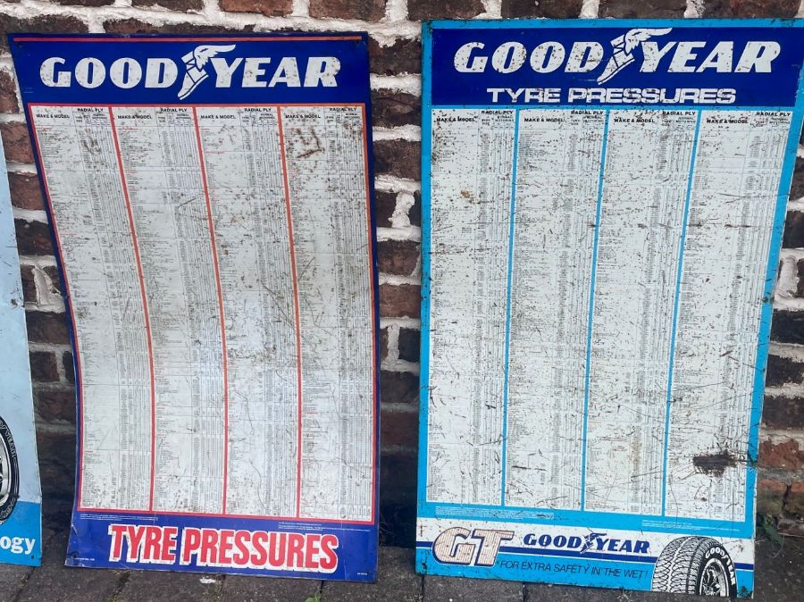 3 Goodyear metal signs / posters, including GT mileage chart and two tyre pressure charts - Image 3 of 3