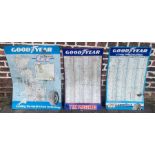 3 Goodyear metal signs / posters, including GT mileage chart and two tyre pressure charts