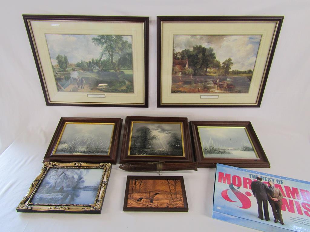 3 small framed oil paintings depicting snow scenes all signed - copper picture, framed print, DVD