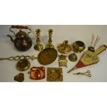 Selection of mostly brass including kettle, candle sticks, bell, ashtray, etc