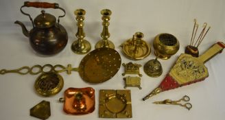 Selection of mostly brass including kettle, candle sticks, bell, ashtray, etc