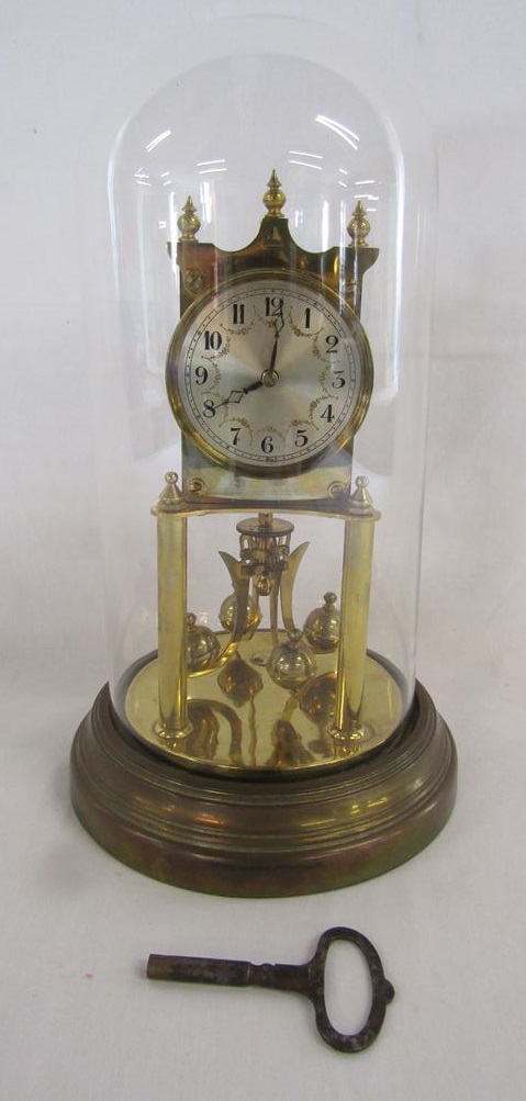 Anniversary torsion clock with glass dome and key - approx. 32.5cm (floor to top of dome)