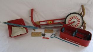 Tri-ang flasher cart and wheelbarrow with Sunbeam scooter - wheelbarrow and scooter missing wheels