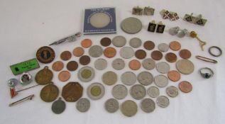 Mixed collection coins includes cent, krone etc, medals, badges, cufflinks also a marked bar