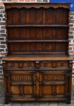 Reproduction Georgian Welsh dresser in oak, Ht 180 x 44 x 123cm