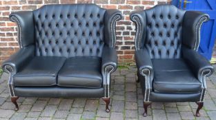 Black leather button back sofa & armchair
