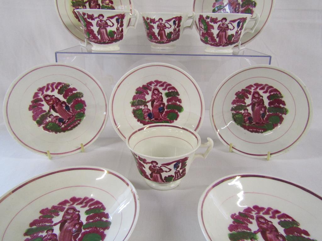 Faith, Hope and Charity Sunderland Temperance pink lustre 4 cups and 7 saucers (lustre worn) - Image 3 of 7