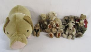 Large Merrythought pig and other teddies includes Anna Club plush, Bele bears and Russ