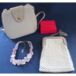 Butler & Wilson flower necklace (with box), Whiting & Davis Co USA fish scale bag, Jacques Vert