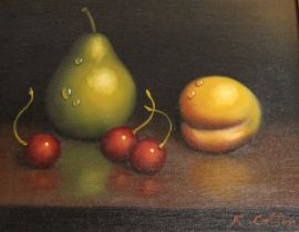 Small gilt framed oil on canvas depicting still life of fruit, signed in red K Cotton 31cm x 26cm