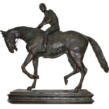 Large bronze horse and jockey sculpture, approximately 84cm x 90cm