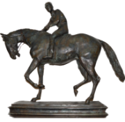 Large bronze horse and jockey sculpture, approximately 84cm x 90cm