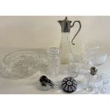 Selection of glassware, including glass bowl, claret jug with pewter pourer, decanter, Langham