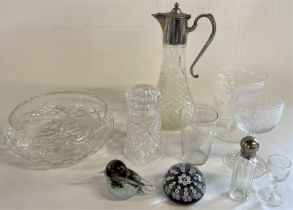 Selection of glassware, including glass bowl, claret jug with pewter pourer, decanter, Langham