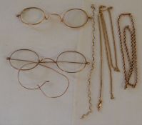 Pair of 9ct gold frame spectacles, pair of gold plated spectacles, broken 9ct gold chains & a 9ct