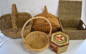 Wicker baskets, including picnic basket, sewing box, etc