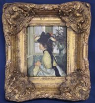 Antique style oil on board depicting lady looking out a window in elaborate frame, signed Klein 39cm