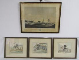 3 hand coloured riding prints 'Doing the Down Leap' - 'The Down Leap Done' - 'Doing it Furiously'