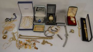 2 gentlemen's watches, 5 ladies watches, costume jewellery, cigarette cases, St Christopher silver