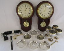 Radio controlled pendulum battery clocks, Zepter 18/1'0 goblets, silver plate dishes 3 monogrammed