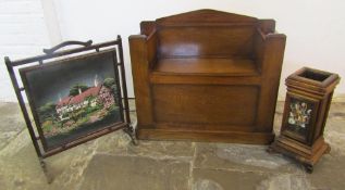 Settle bench with storage approx. 86.5cm x 32.5cm x 8035cm, wooden cottage scene firescreen and