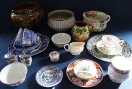 Royal Doulton leaf pattern jardiniere, Denby bowl, James Kent chamber pot, Copeland Spode's