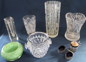 Selection of glassware including ice bucket, geometric vase, green glass dish & WMF white metal 3