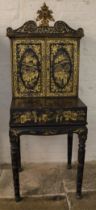 Lacquer cabinet on stand with chinoiserie gilded decoration, possibly 19th century Ht 153cm W 61cm D