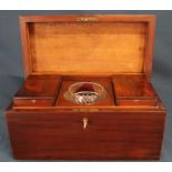 Mahogany tea caddy with twin caddy boxes & central glass mixing bowl