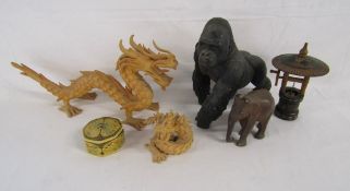 2 Chinese dragon models, papier mache trinket box, Oriental inspired wooden well, wooden elephant