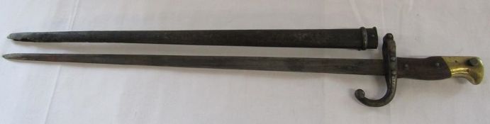 French T back bayonet marked on spine in French with date Mai 1877 with brass pommel - matching