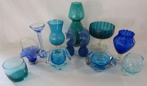 Collection of blue glass items - ashtrays, vase, Mdina horse pieces etc