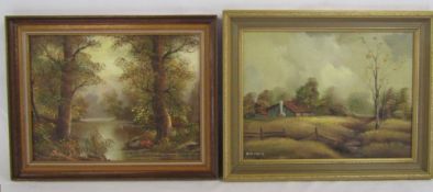 2 framed oil on canvas - river scene signed to left corner and country scene signed Stenton