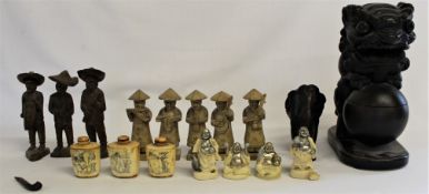 3 Chinese bone snuff bottles with erotic designs, large Chinese Dog of Pho incense burner, wooden