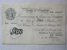 Bank of England £5 five pound note 1955 February 25 London Chief Cashier L.K. O'Brien Z 06 029447