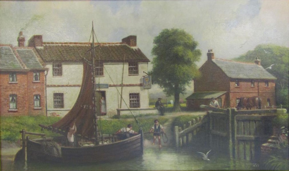 Framed oil on canvas depicting country pub and river scene with 'Evelyn' boat signed Thompson