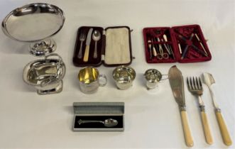Selection of silver plate, including tazza, fish server, cheese scoop, cutlery, etc