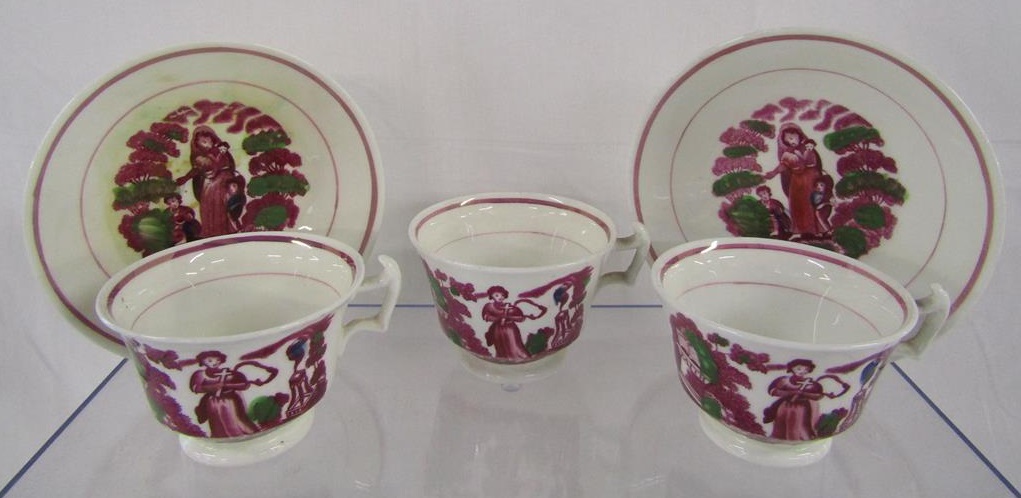 Faith, Hope and Charity Sunderland Temperance pink lustre 4 cups and 7 saucers (lustre worn) - Image 2 of 7