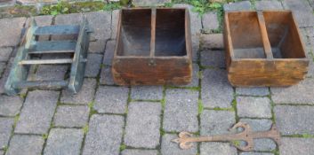 Two wooden rice buckets, a metal hinge and a cheese sledge
