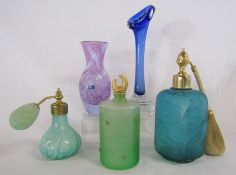 Marcel Franck perfume bottle, green swirl perfume bottle, Caithness crystal small vase, green cork