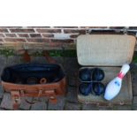 10 Lawn bowls, a baseball and a WIBC ABC American bowling pin, with two bags and suitcase, including