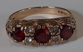 9ct gold, ruby & diamond chip ring, size L, 3.2g