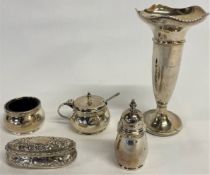 Selection of silver including pepper pot, ornate trinket box, salt pot, mustard pot and vase,